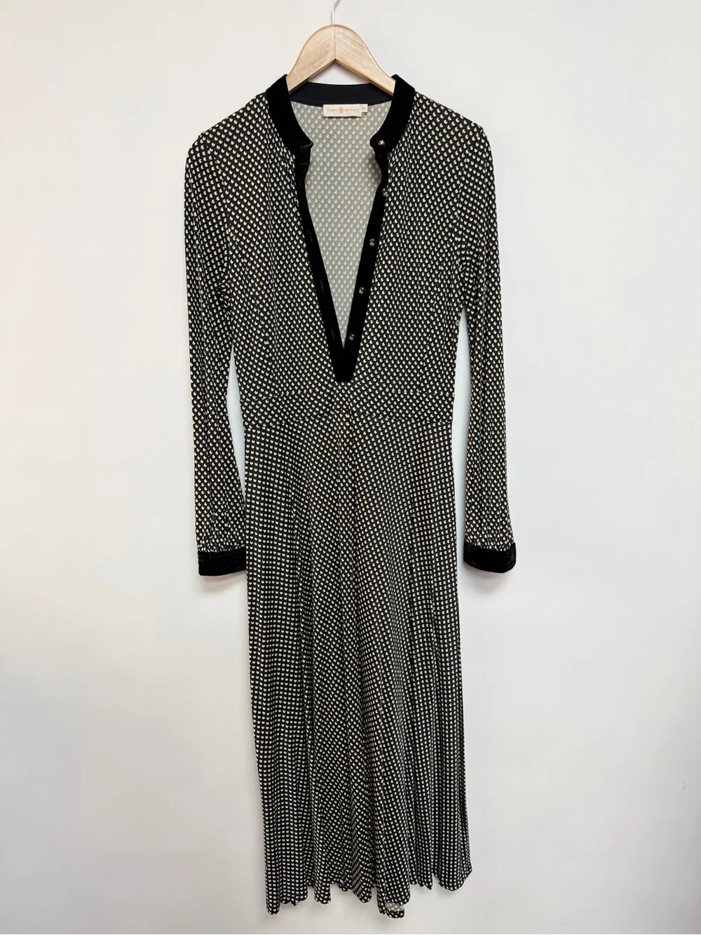 Tory Burch Anja Midi Dress Black Velvet Jazz Dot Long Sleeve Small $598